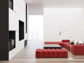 Rotes Sofa in schwarz-weißem Wohnzimmer
