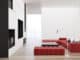 Rotes Sofa in schwarz-weißem Wohnzimmer